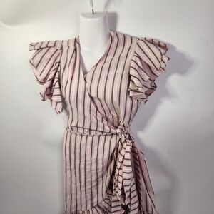 Liliana Neza Striped Asymmetrical Dress with Ruffle Sleeves Size L